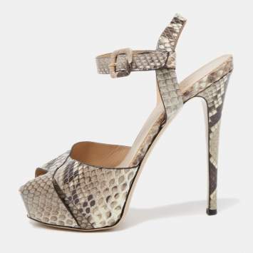 Pre Owned Le Silla Two Tone Python Embossed Leather Ankle Strap Sandals Size 37.5
