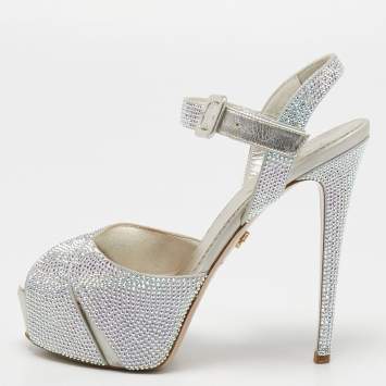 Pre Owned Le Silla Silver Crystal Embellished Cross Strap Platform Ankle Strap Sandals Size 37