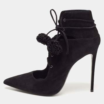 Pre Owned Le Silla Black Suede Lace Up Pointed Toe Ankle Booties 38.5
