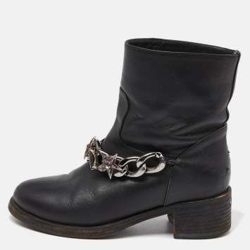Pre Owned Le Silla Black Leather Embellished Chain Ankle Boots Size 37.5
