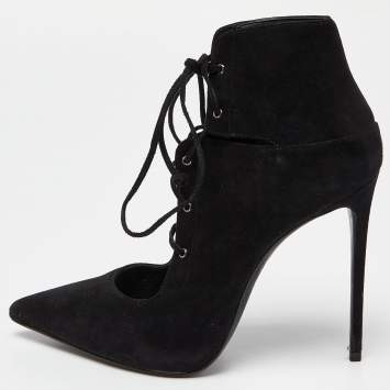 Pre Owned Le Silla Black Suede Lace Up Pointed Toe Ankle Booties 37