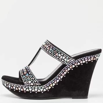 Pre Owned Le Silla Black Suede Embellished Wedge Sandals Size 39