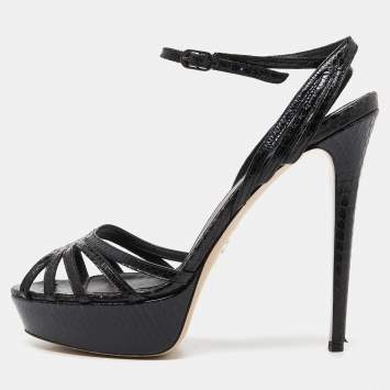 Pre Owned Le Silla Black Python Embossed Leather Ankle Strap Platform Sandals Size 40