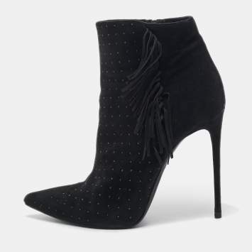 Pre Owned Le Silla Black Suede Studded Lace-Up Ankle Boots Size 38