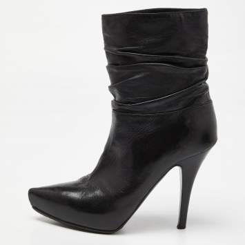 Pre Owned Le Silla Black Leather Rucched Detail Ankle Length Pointed Toe Boots Size 36.5
