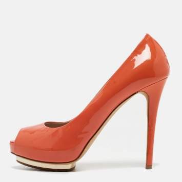 Pre Owned Le Silla Orange Patent Peep Toe Pumps Size 39.5
