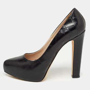 Pre Owned Le Silla Black Croc Embossed Leather Platform Pumps Size 38.5