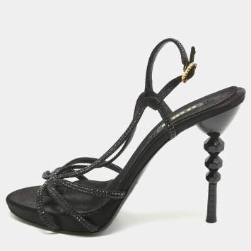 Pre Owned Le Silla Black Crystal Embellished Satin Slingback Sandals Size 38