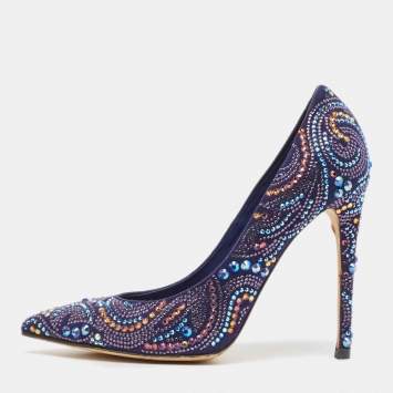 Pre Owned Le Silla Navy Blue Suede Crystal Embellished Pointed Toe Pumps Size 38