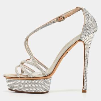 Pre Owned Le Silla Silver Leather and Crystal Embellished Criss Cross Strap Platform Sandals Size 37