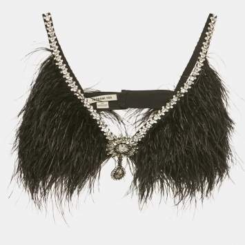 Pre Owned Le Thanh Hoa Black Crystal Embellished Feather Eva Crop Top XS