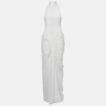Pre Owned   Leam Almes White Velvet and Tulle Pearl Detail Draped Maxi Dress M