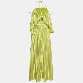 Li Dee Green Satin Pleated Biscous Top & Pants Set XS 