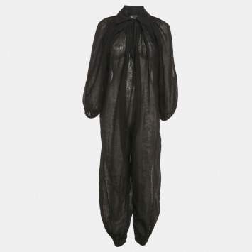 Pre Owned Lisa Marie Fernandez Black Organic Linen Belted Sheer Jumpsuit M