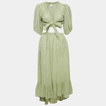 Pre Owned Lisa Marie Fernandez Green Textured Linen Wrap Top and Skirt Set M