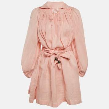 Pre Owned Lisa Marie Fernandez Light Orange Linen Puff Sleeve Mini Dress S