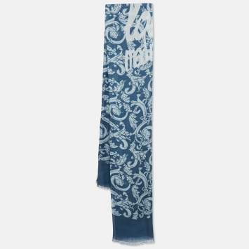 Pre Owned Loewe Blue Print Cotton and Cashmere Fringed Scarf