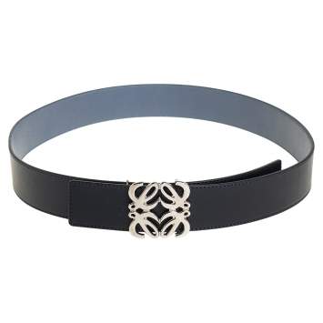 Pre Owned Loewe Black/Blue Leather Anagram Reversible Buckle Belt 95 CM