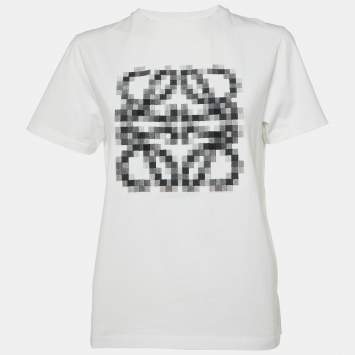 Pre Owned Loewe White Pixelated Anagram Embroidery Cotton Crew Neck T-Shirt S