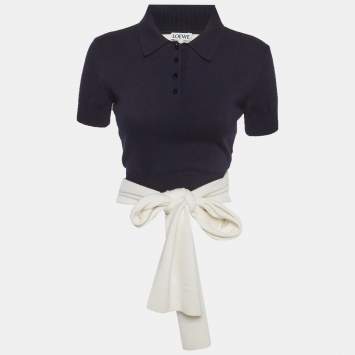 Pre Owned Loewe Blue/White Knit Wrap Polo Top S