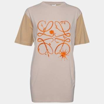 Pre Owned Loewe Beige Cotton Boyfriend Anagram Embroidered Oversized T-Shirt S