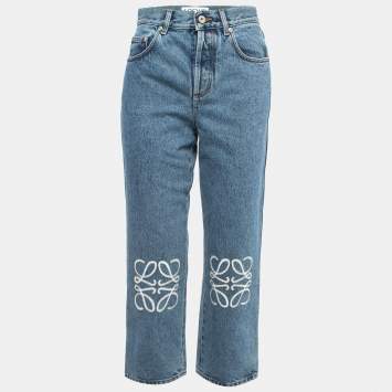 Pre Owned Loewe Blue Washed Denim Cut-Out Detail Anagram Cropped jeans S Waist 28"