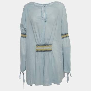 Pre Owned Loewe Blue Cotton Blend Smocked Detail Tie-Up Neck Mini Dress S