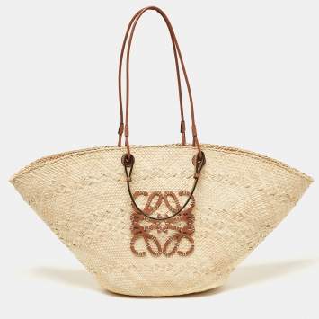 Pre Owned Loewe Beige/Brown Raffia and Leather Large Anagram Basket Tote