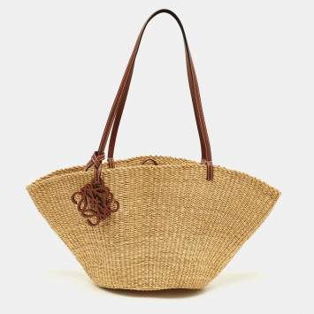 Pre Owned Loewe Beige/Brown Woven Raffia and Leather Shell Basket Tote
