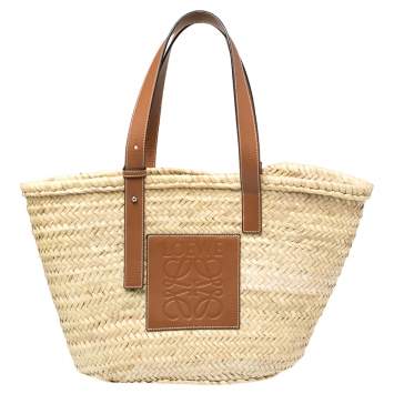 Pre Owned  Loewe Beige Woven Raffia and Leather Basket Bag