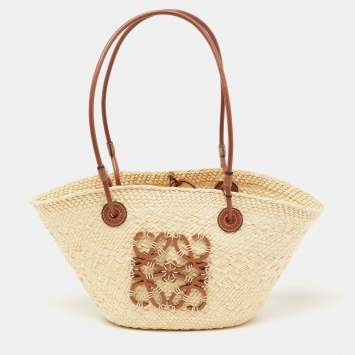 Pre Owned  Loewe Beige/Brown Woven Raffia and Leather Small Anagram Basket Bag