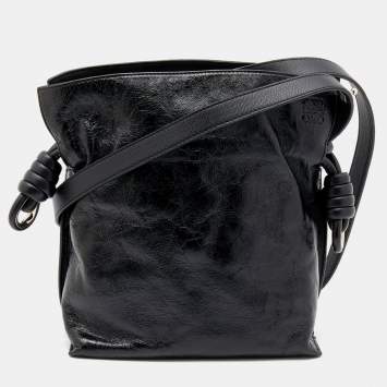 Pre Owned Loewe Black Crinkled Glossed Leather Flamenco Knot Shoulder Bag