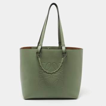 Pre Owned Loewe Green Leather Medium Anagram Tote