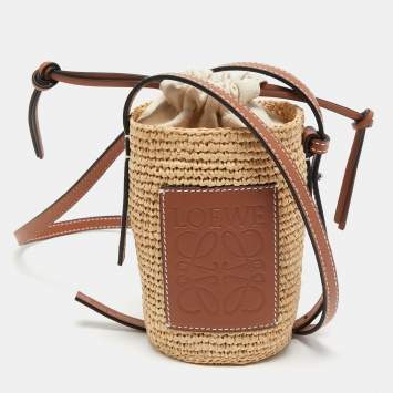 Pre Owned  Loewe Beige/Brown Woven Raffia and Leather Cylinder Pocket Crossbody Bag
