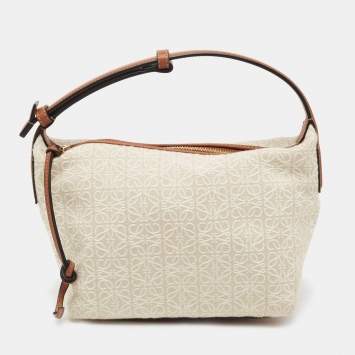 Pre Owned Loewe Beige/Brown Logo Jacquard Canvas and Leather Cubi Anagram Bag