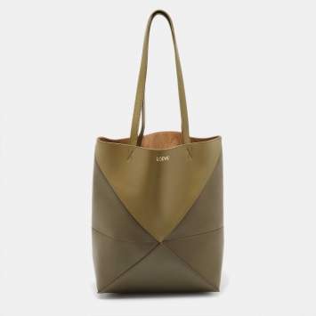 Pre Owned Loewe Green Leather Medium Puzzle Fold Tote