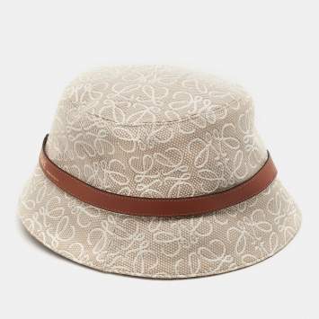 Pre Owned Loewe Beige Anagram Cotton Canvas Leather Trim Bucket Hat