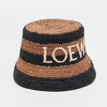 Pre Owned Loewe X Paula's Ibiza Brown/Black Logo Raffia Bucket Hat One Size