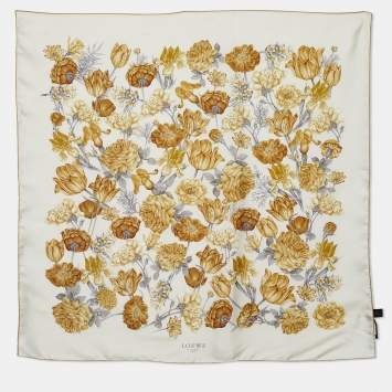 Pre Owned Loewe Cream & Gold Floral Print Silk Scarf