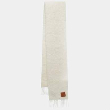 Pre Owned Loewe Cream Leather Trim Mohair & Wool Scarf