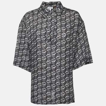 Pre Owned Loewe Navy Blue Printed Linen Collared T-shirt XS