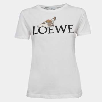 Pre Owned Loewe White Embroidered Cotton Knit Round Neck T-Shirt S