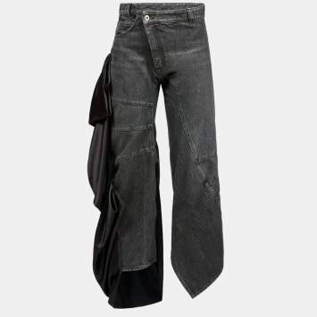 Pre Owned Loewe Black Denim Satin Draped Panel Asymmetric Pants M