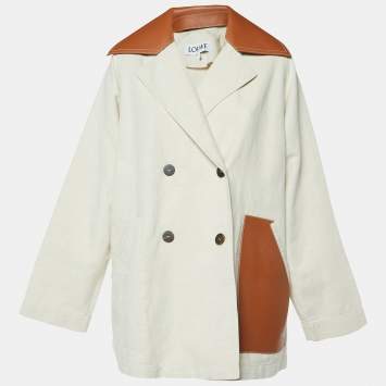 Pre Owned Loewe Beige Cotton-Linen Blend Leather Trimmed Peacoat S