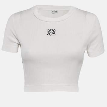 Pre Owned Loewe White Anagram Embroidered Rib Knit Crop Top M