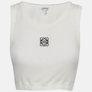 Pre Owned Loewe White Anagram Embroidered Rib Knit Crop Tank Top M