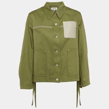 Pre Owned Loewe Green Cotton Blend Leather Logo Pocket Detail Workwear Jacket S