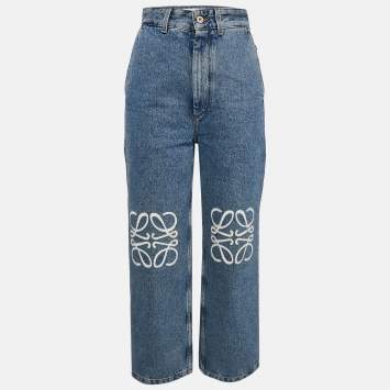 Pre Owned Loewe Blue Denim Logo Detail Straight Leg Jeans S Waist 26"
