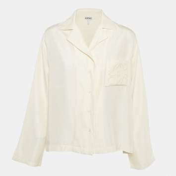 Pre Owned Loewe Off-White Logo Embroidered Cotton Button Front Blouse M