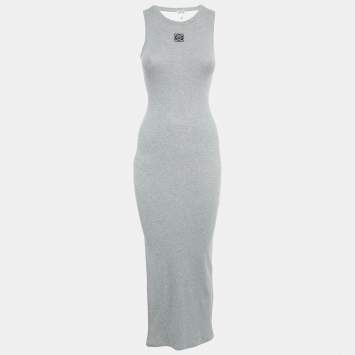 Pre Owned Loewe Grey Angaram Embroidered Rib Knit Maxi Dress XS